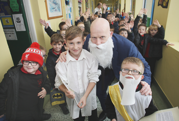 Plato Day at Holy Cross – James McAuley and Luke Quinn with Principal Kevin McArevey