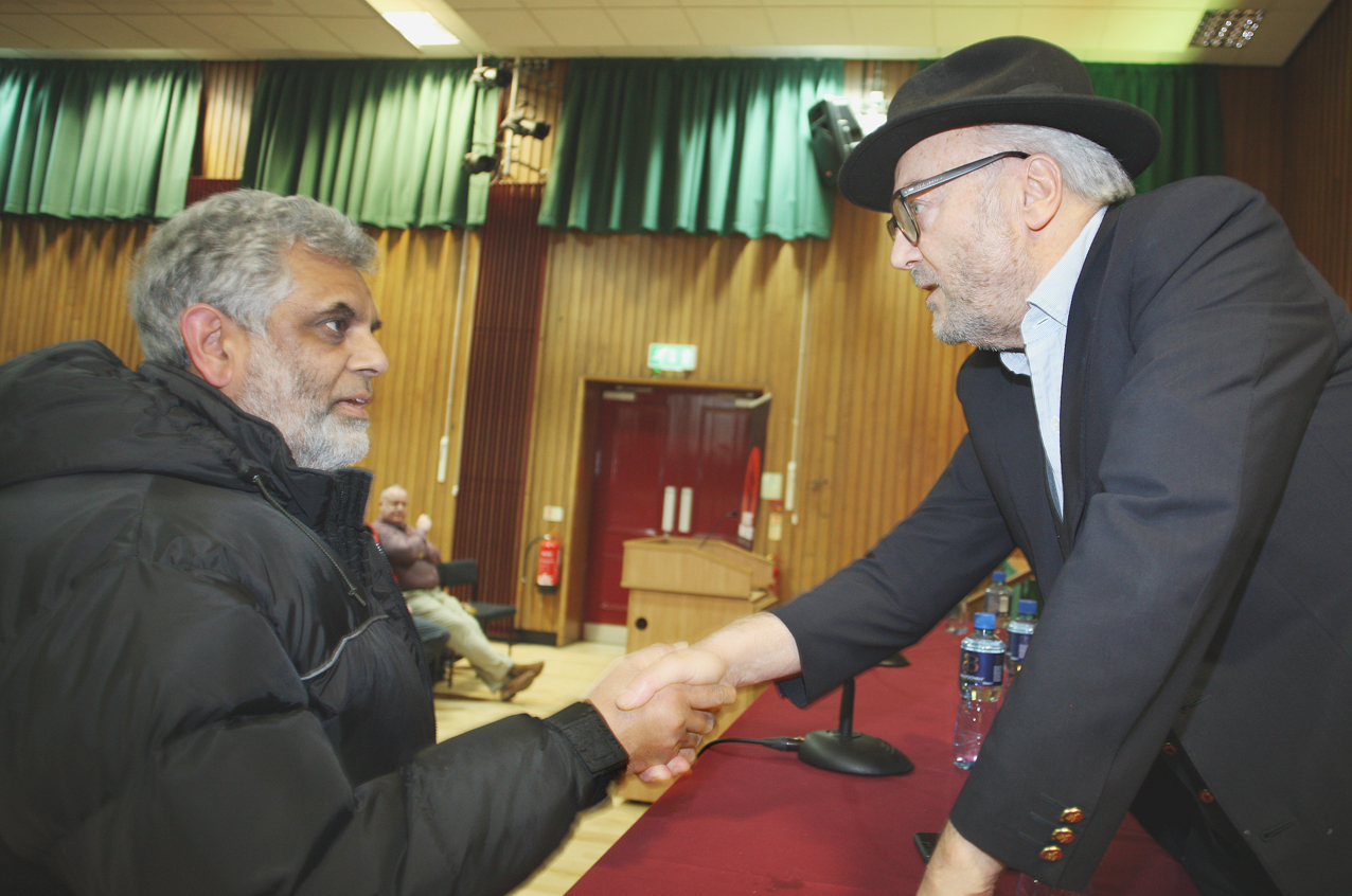 Mushtaq Ahmed meets George Galloway at the Respect Human Rights Film Festival screening of the documentary The Killings of Tony Blair in St Marys on the Falls Road
