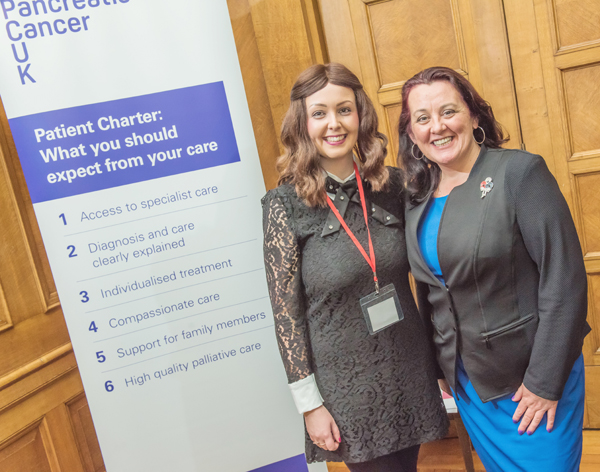 WARNING SIGNS: North Belfast DUP MLA Paula Bradley with Victoria Poole, a supporter of Pancreatic Cancer UK, at the Stormont event