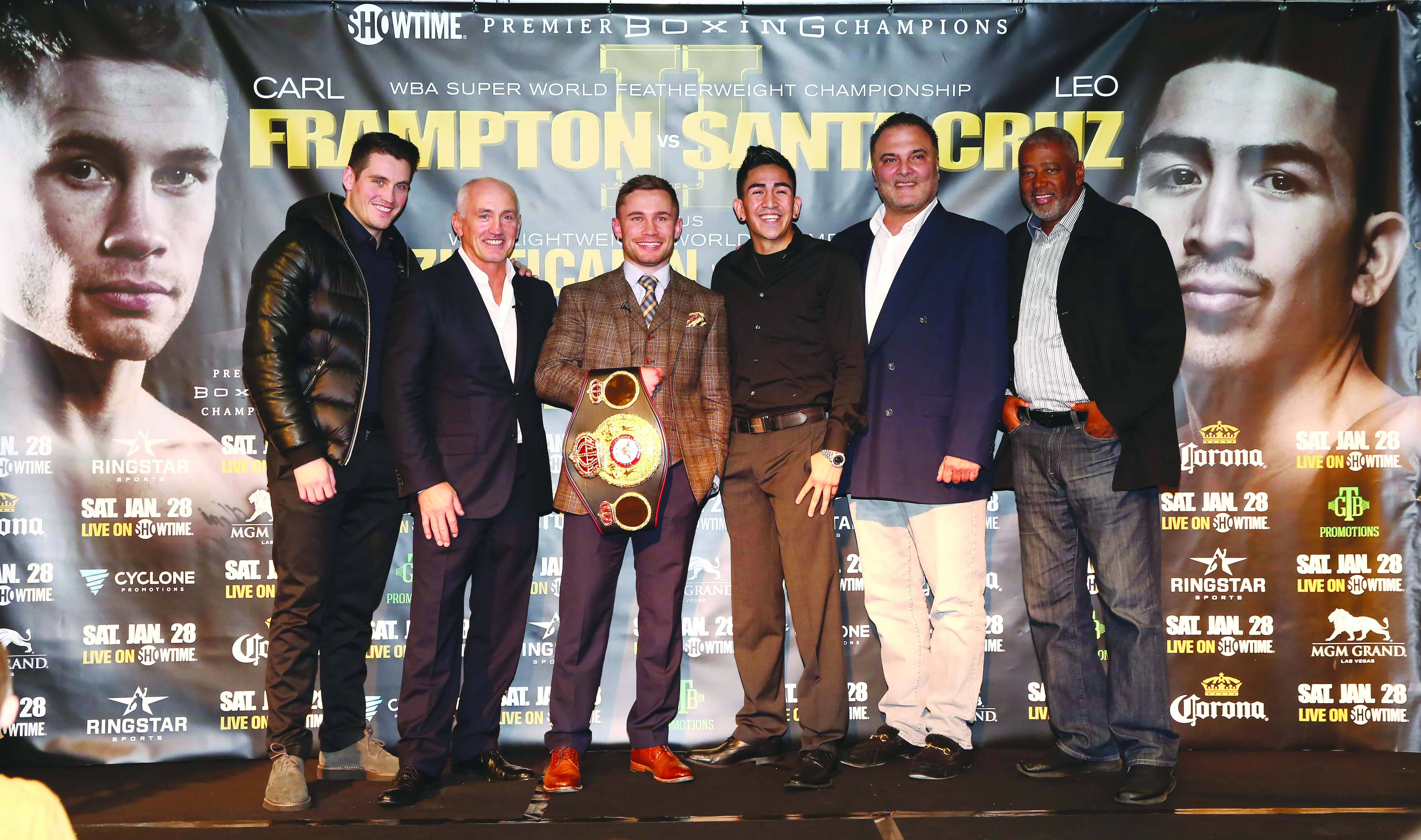 Carl Frampton and Leo Santa Cruz are joined by (L-R) Shane McGuigan (Frampton’s trainer), Barry McGuigan (Frampton’s manager), Richard Schaefer (Ringstar Sports promoter) and Sam Watson (Al Haymon representative) at Tuesday’s press conference at the Europa Hotel to promote the rematch between Frampton and Santa Cruz on January 28 in Las Vegas\nPress Eye - Photo by William Cherry