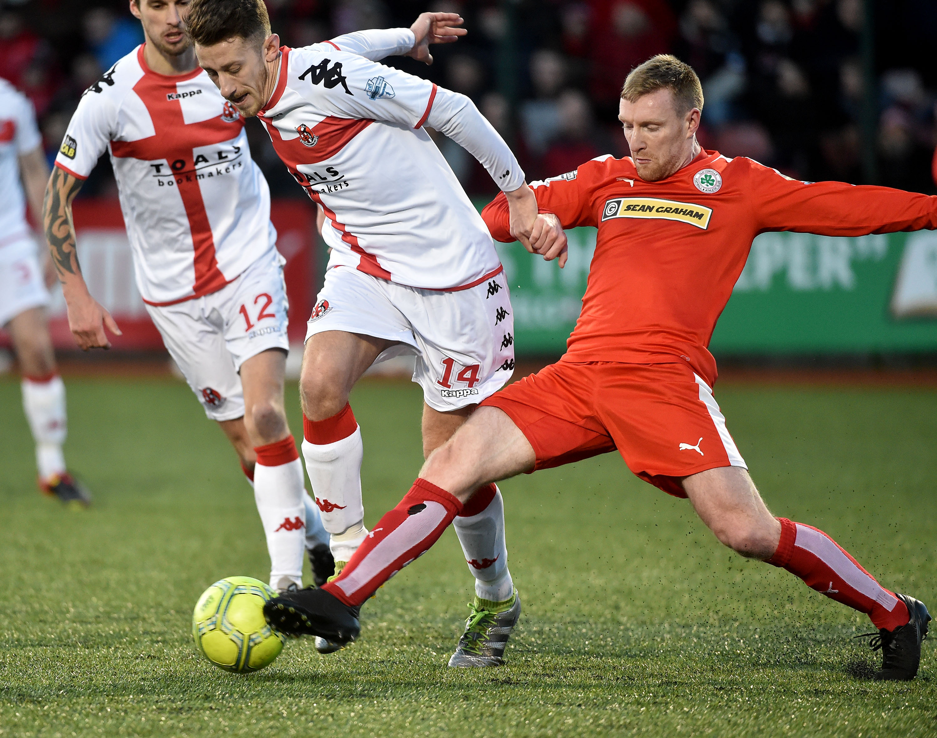 Cliftonville’s Chris Curran in action with Jordan Forsythe of Crusaders during the North Belfast derby on St Stephen’s Day. Reds boss Gerard Lyttle has called on his side to bounce back from their 4-0 defeat when they face Glenavon on Friday night 