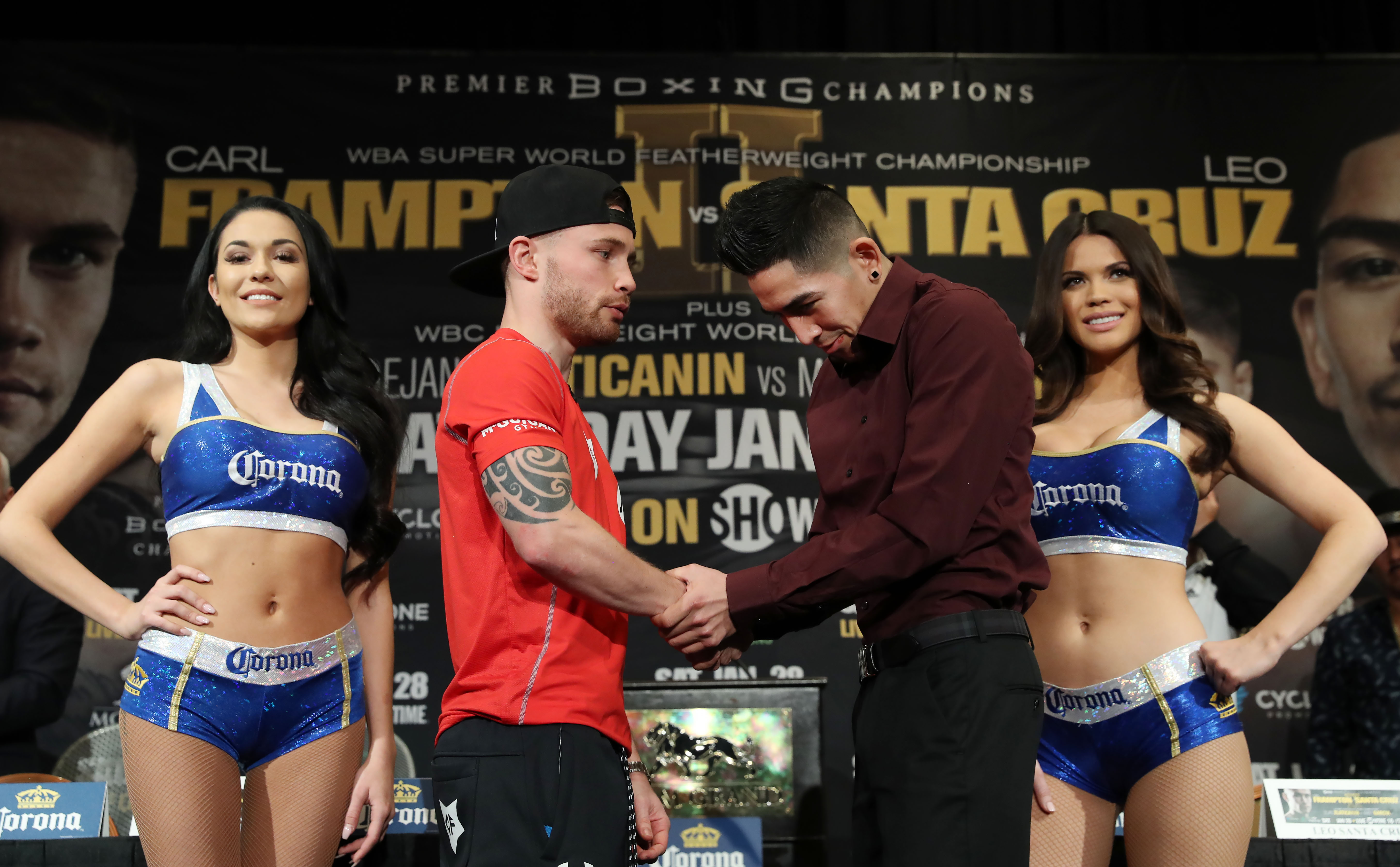 Carl Frampton and Leo Santa Cruz during Thursday\'s press conference at the MGM Grand Hotel and Casino, Las Vegas. Photo William Cherry/Presseye