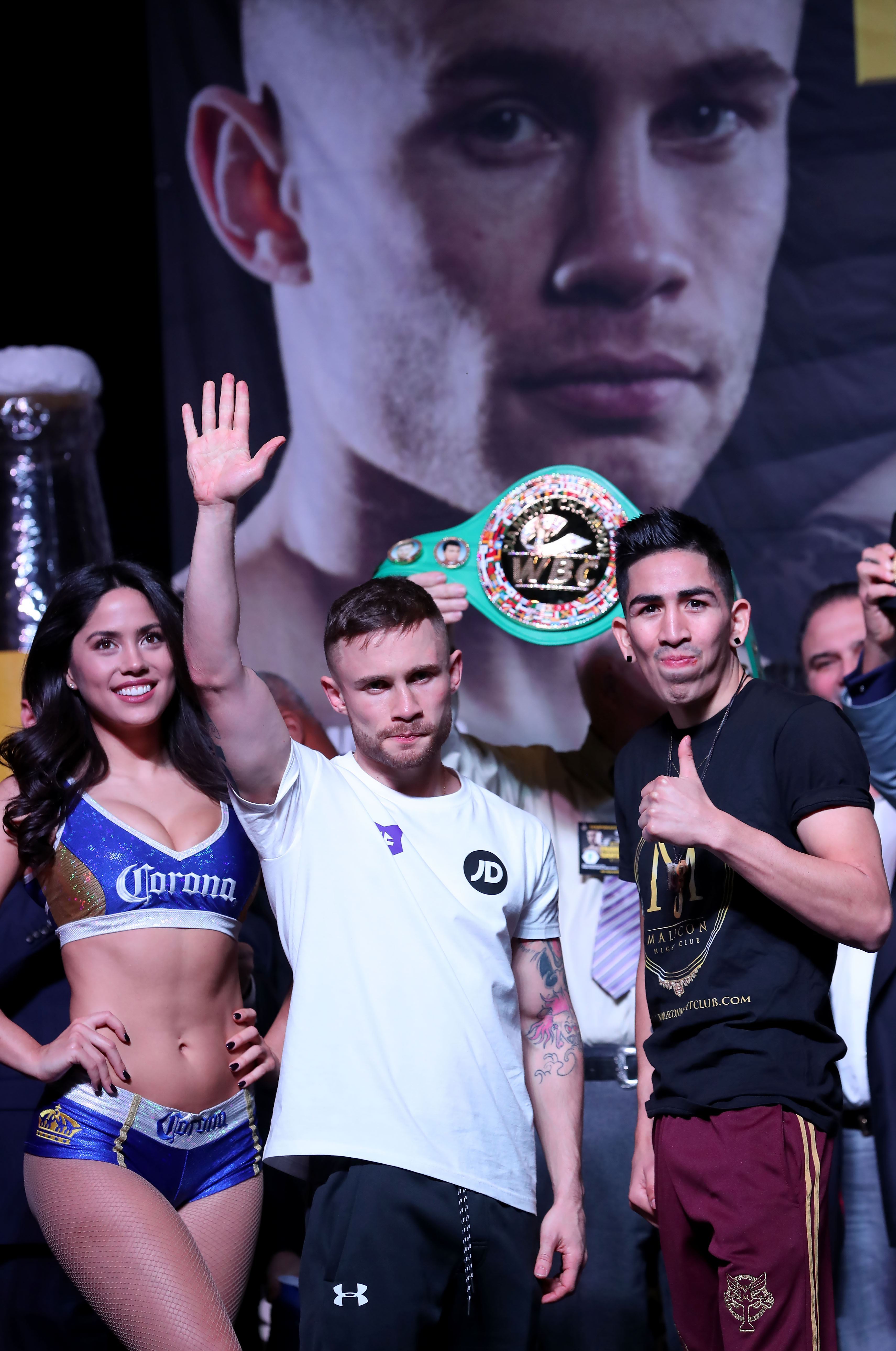 Carl Frampton and Leo Santa Cruz salute the fans at yesterday\'s weigh-in Photo William Cherry/Presseye