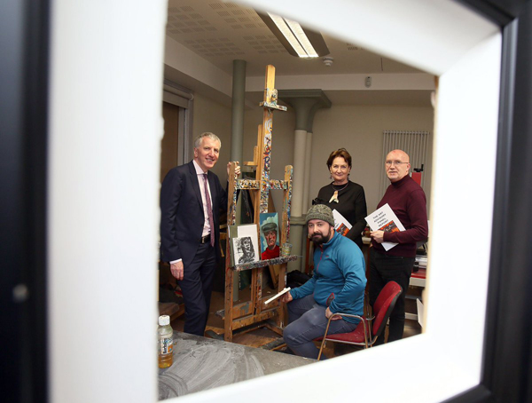 In the frame are Finance Minister Máirtín Ó Muilleoir,  Arts Council CE Roisin McDonough and the Reverend Bill Shaw with artist Barry Kerry in the Duncairn Arts Centre