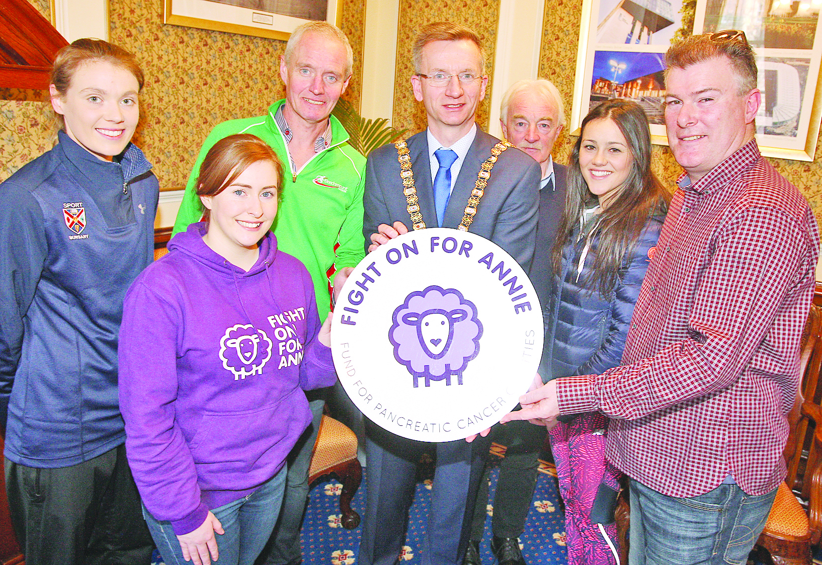 The launch of the 2017 Belfast International athletics meet at Belfast City Hall took place on Monday afternoon. Pictured are athletes Emma Mitchell and Christine McMahone, Michael Magee (Beechmount Harriers), Eamonn Christie (Race Director), Lord Mayor Brian Kingston, Grannie O\'Neill of the charity Fight on for Annie and Paul Magee of the charity Solas