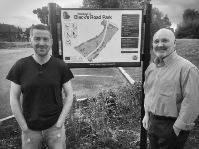 Cllr Matt Garrett and former South Belfast MLA Alex Maskey at the formerly derelict Blacks Road site where work has begun, below, on a state-of-the-art play park and sensory/therapy garden