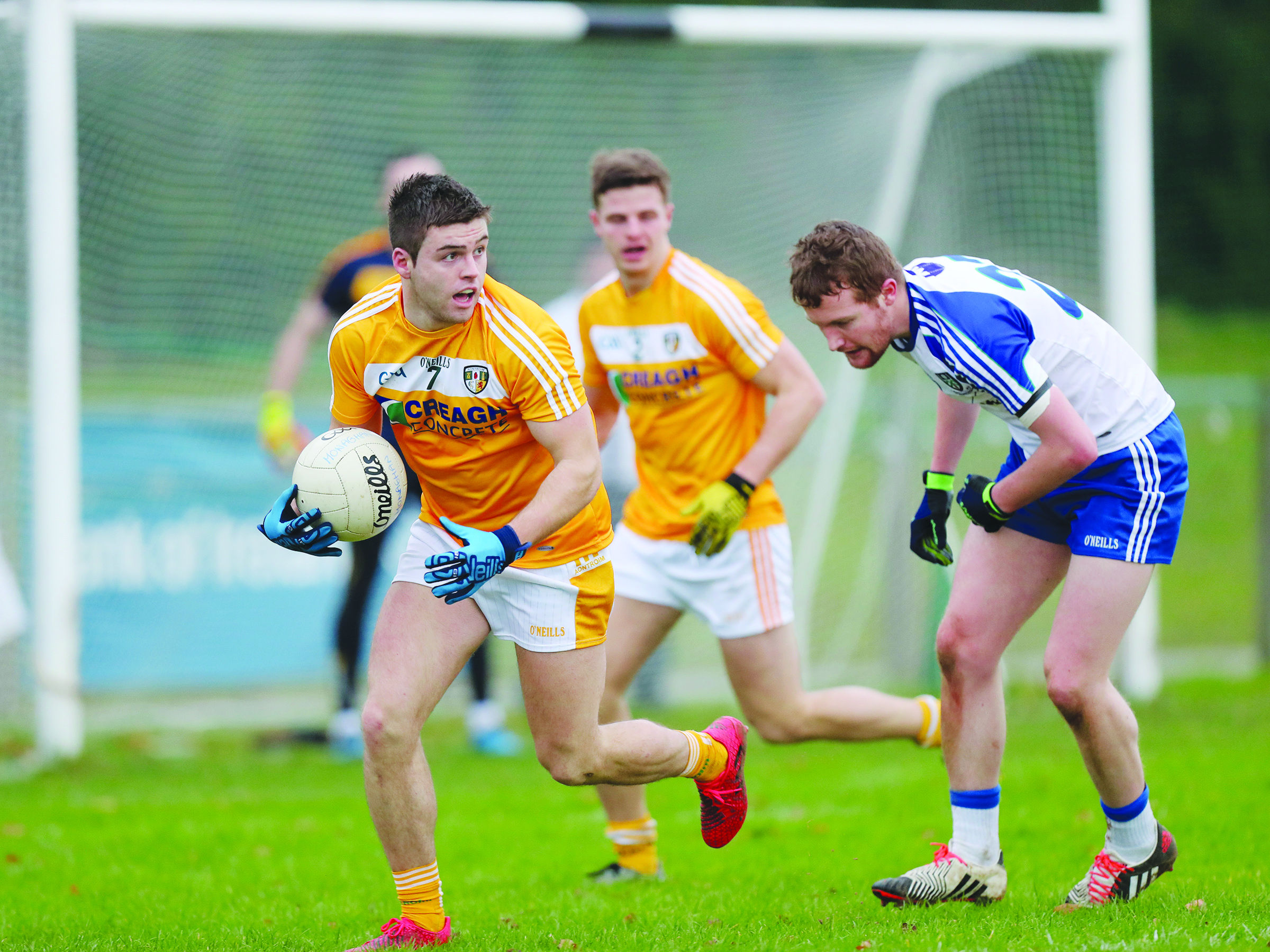 Paddy McBride, in action against Monaghan\'s Barry McGinn in the Dr McKenna Cup last month, feels Antrim’s performance against Tipperary last Sunday will give them the confidence to believe they can defeat Offaly this weekend in Tullamore