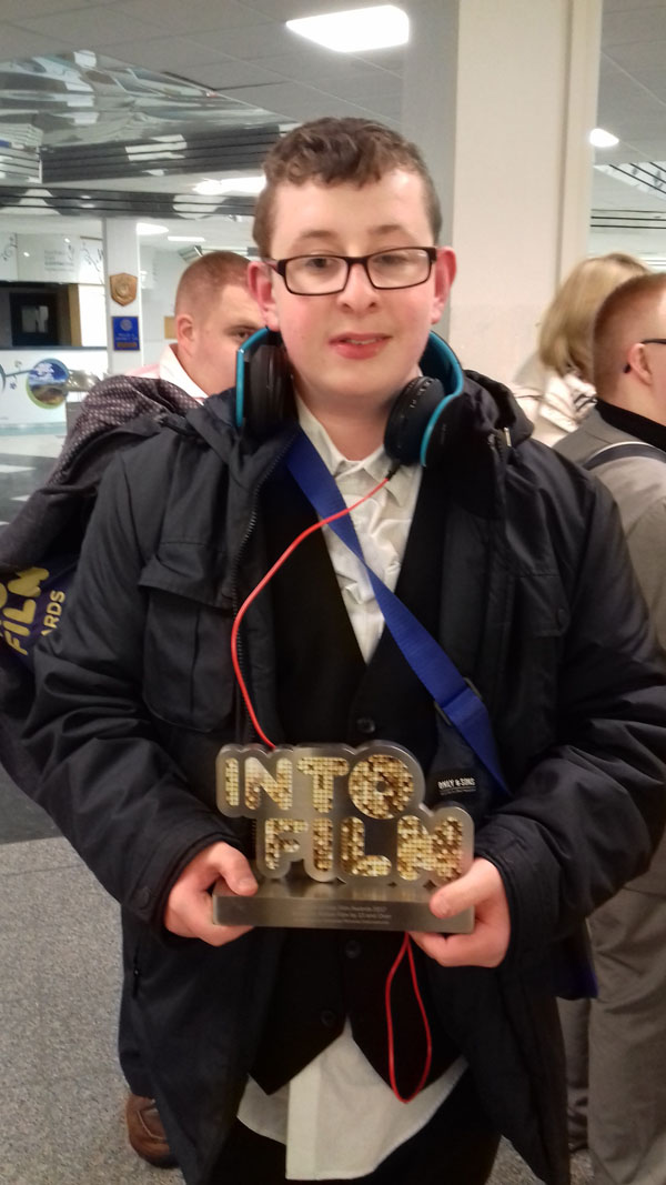 Odhrán Darragh with the IntoFilm award won by the short film in which he appeared, which highlights the reality of living with autism and learning disabilities. My Not So Ordinary Life won Best Live Action 13+ gong at the prestigious ceremony in London