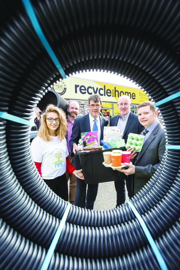 Tara Little from PIPS; Kris McClelland, Cherry Pipes; Eric Randall, Director, Bryson Recycling; Fiacre O’Donnell, Encirc; and Jeff Kearon, Huhtamaki launch the innovative Recycling Rewards, which encourage over 170,000 homes to recycle more for a good cause