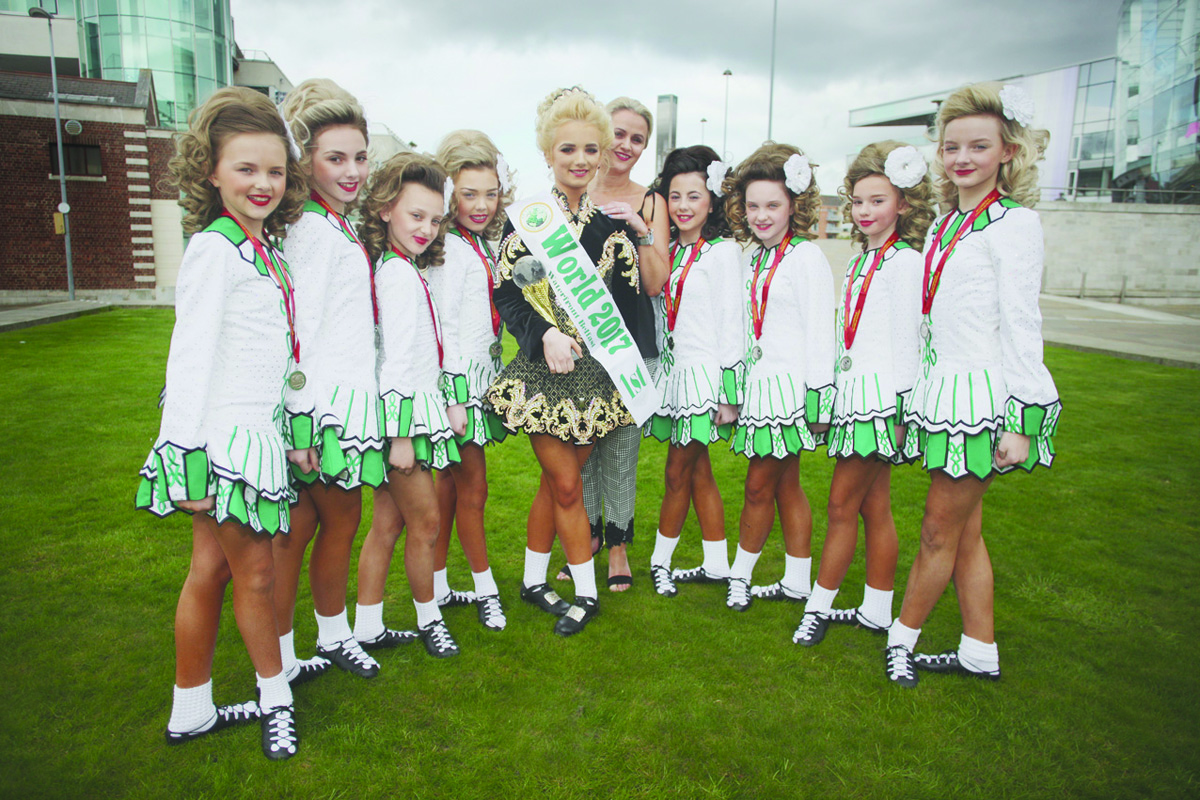 SUCCESS: Annleigh Hagans, World Under-17 Solo Girls title winner, with Arlene Toal and the Lawrenson-Toal Academy of Irish Dance