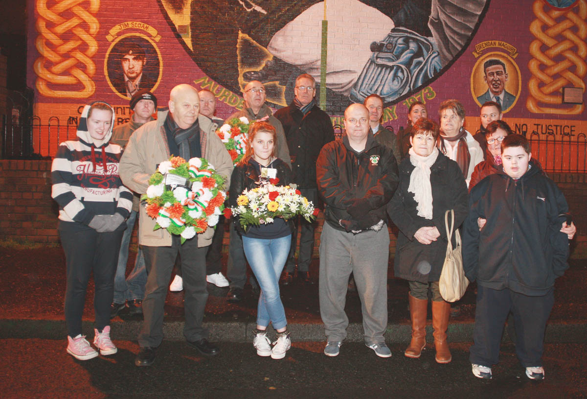 Relatives of the New Lodge Six at the memorial to the murdered men on the New Lodge Road