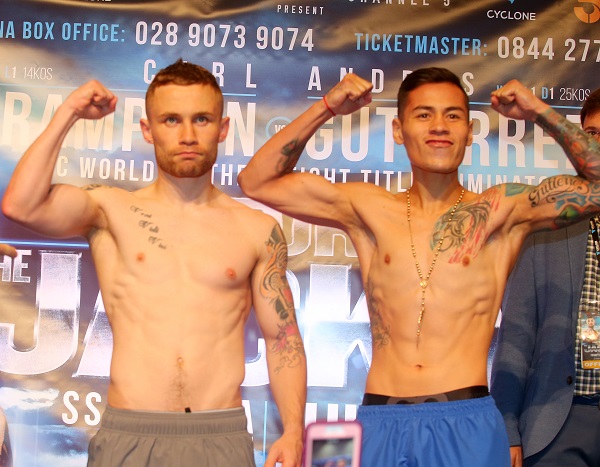 Carl Frampton and Andres Gutierrez after today\'s weigh-in at the Europa Hotel