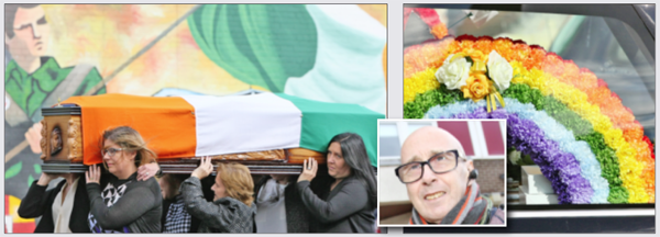 SADLY MISSED: John Leathem’s remains are carried on the Falls Road for the final time; inset, John Leathem