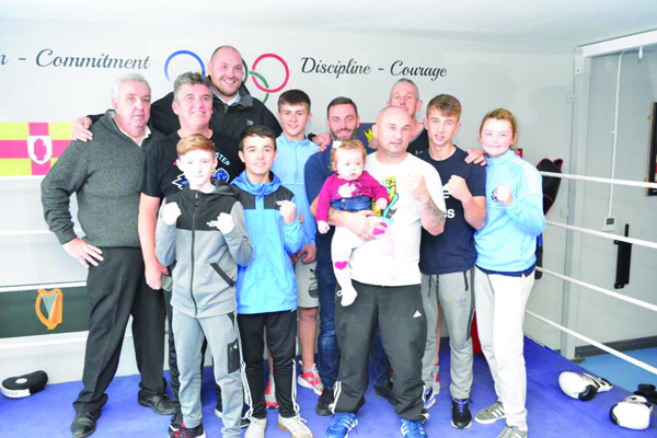 Tyson Fury with St Paul’s coaches and boxers on Monday (Pic by Hugh O’Halloran/Belfast Boxers)