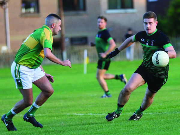 Gary Lennon, pictured in action against Pearse’s, has been one of the key players for Sarsfield’s in their run to Saturday’s Junior Football Championship final against St Pat’s, Lisburn 