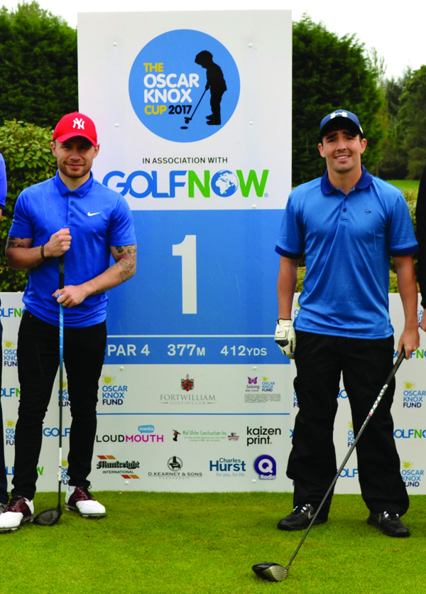 TOP MEN: Carl Frampton and Jamie Conlan prepare to tee-off at the Oscar Knox Cup