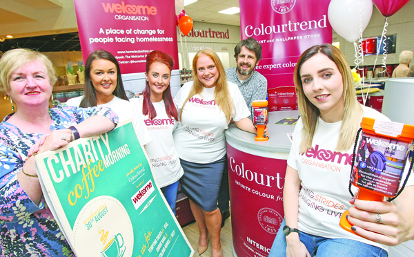 BIG HEARTS: Sara Mitchel, store manager at Colourtrend, with colleagues Mary Colligen, Aine Lewsley and Louise Hamilton, who are joined by Sandra Moore and Kieran Hughes from the Welcome Organisation