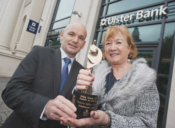 Sean Murphy, Managing Director, Retail Banking NI Ulster Bank, with Brid Ruddy, Wildflower Alley, winners of the 2016 Positive Belfast Award