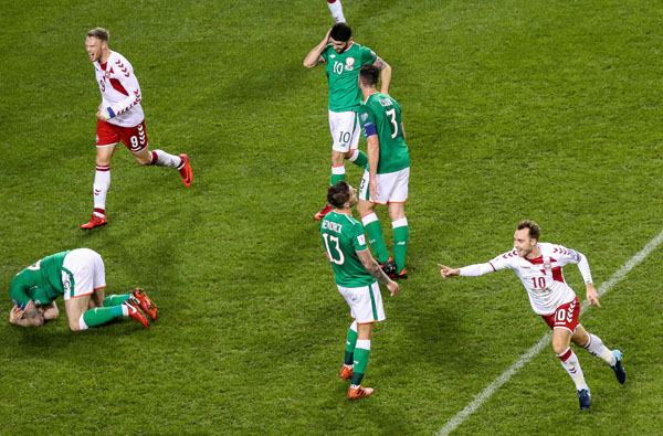 Denmark\'s Christian Eriksen celebrates scoring his side\'s third goal of the game as they defeated Ireland 5-1 during last night\'s\n2018 FIFA World Cup Playoff Second Leg at the Aviva Stadium Dublin  \n