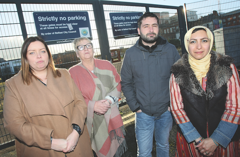RESOLUTE: Councillor Deirdre Hargey, local resident Bernie Davison, with Pádraig Ó Meiscill and Azadeh Sobout of the Market Development Association at the land near the Gasworks\n\n