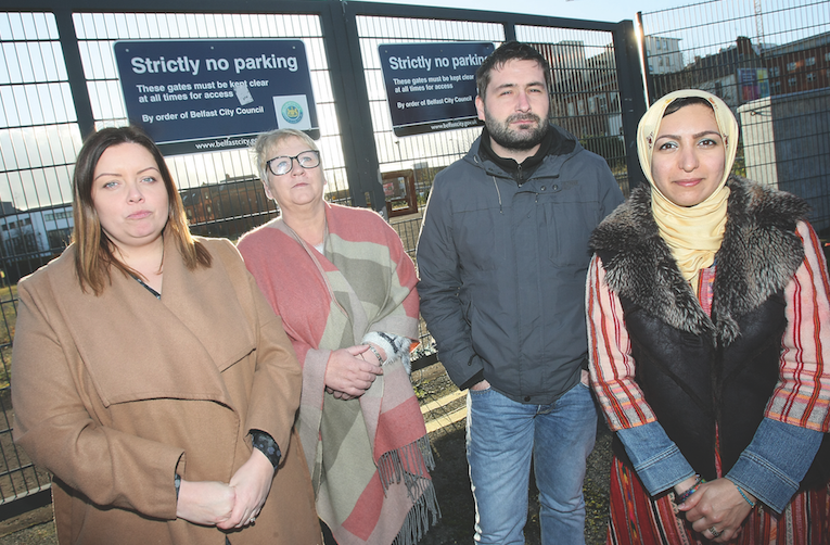  RESOLUTE: Councillor Deirdre Hargey, local resident Bernie Davison, with Pádraig Ó Meiscill and Azadeh Sobout of the Market Development Association at the land near the Gasworks\n\n