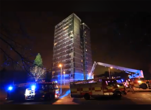 Appliances at the scene as fire rages at the tower block in the Seymour Hill estate\nPic by Jim Corr