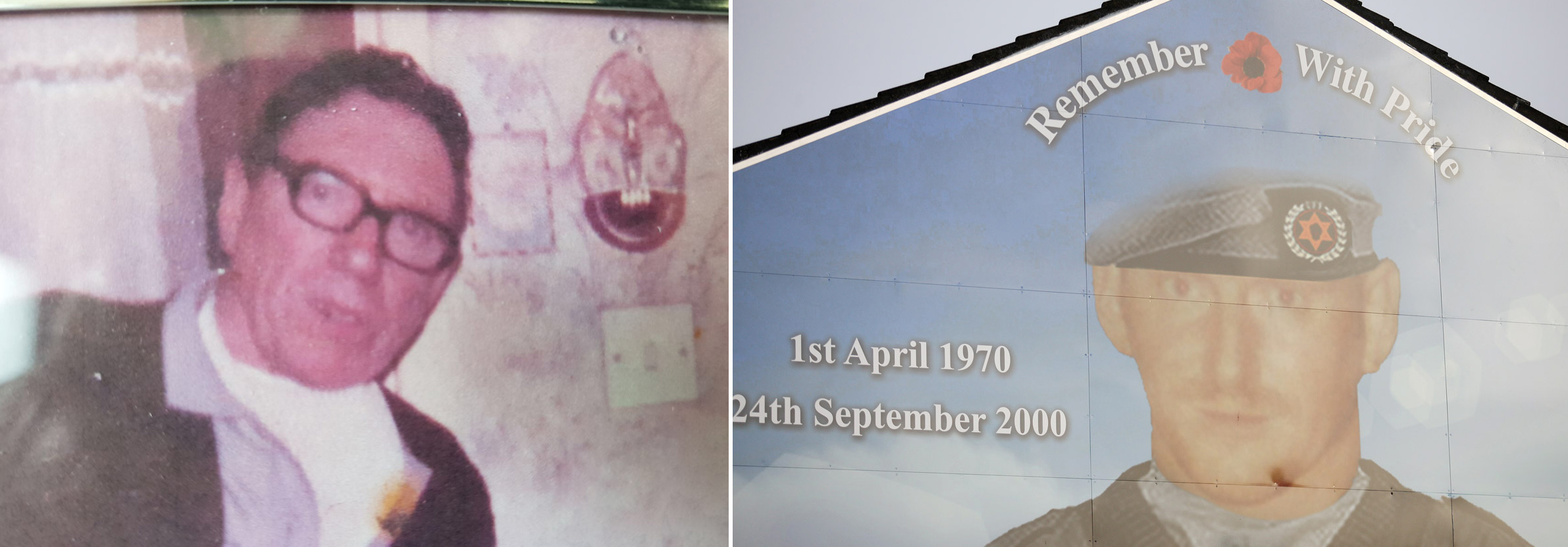 Francis Burns, left, was murdered in the massacre along with WWII veteran John Lovett and father of six Peter Orderly. Right, a mural to chief suspect Stephen McKeag