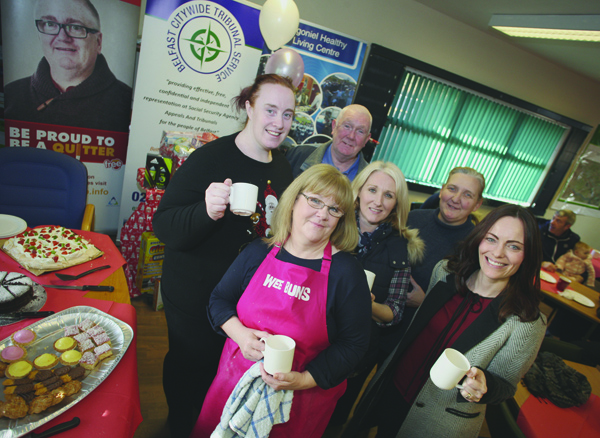 HELPING HAND: Kathleen Kelly, Donna McLean, Paul Corbett, Sinead McKinley, Maria Morgan and Nichola Mallon MLA at a recent coffee morning hosted by North Belfast Advice Partnership (NBAP) at the Wolfhill Centre in Ligoniel