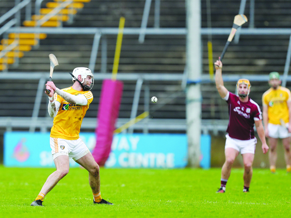 Antrim’s Neil McManus, pictured in action during last Sunday’s NHL defeat to Galway in Pearse Stadium, is hoping the Saffrons can build on their positive start to the campaign when they host Dublin at Corrigan Park on Sunday afternoon 