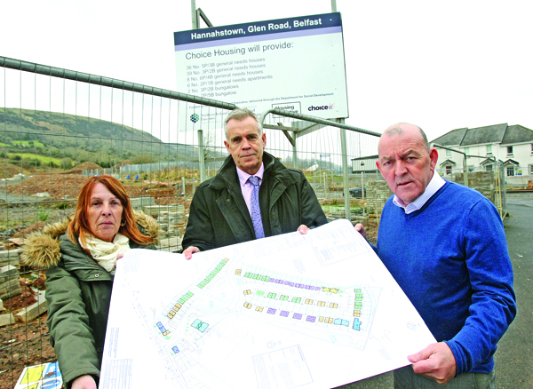 Coucillor Arder Carson and Ann Marie Weir of the Upper Andersonstown Community Forum met with Niall Sheridan, director of development at Choice Housing to look at new plans of the Glen Road Hannahstown site.
