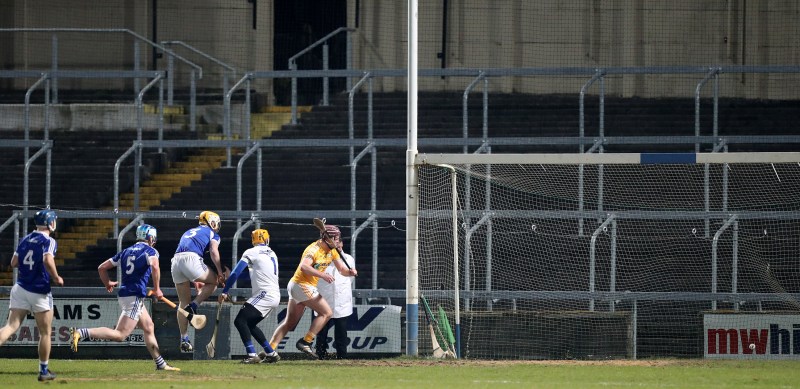 Eoghan Campbell bags Antrim’s first goal midway through the second half, but it wasn’t enough to stop Laois claiming a five-point win on Saturday night in O’Moore Park 