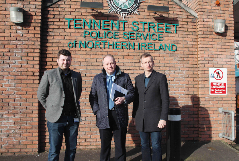 \nUNREST: William Humphrey MLA with Councillor Dale Pankhurst, left, and Alderman Brian Kingston prior to the meeting at Tennent Street PSNI station on Friday morning