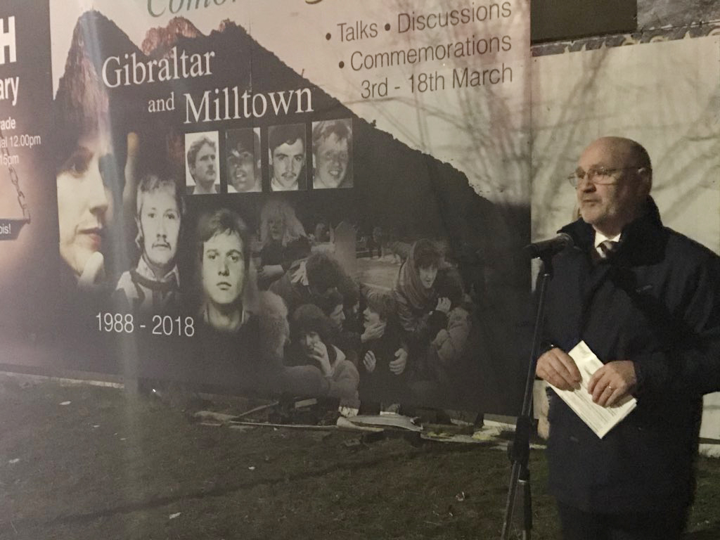 Alex Maskey speaking at the new Gibraltar mural at the former Andersonstown barracks site