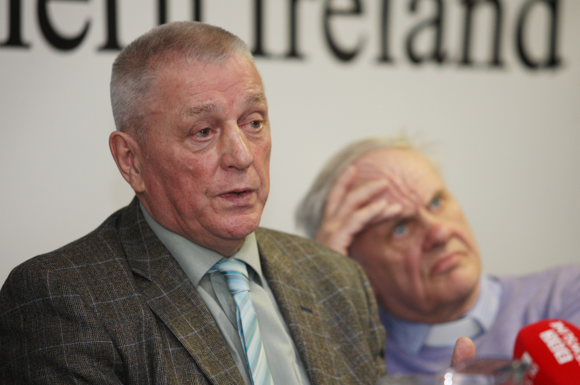 In the Linen Hall Library yesterday, UDA leader Jackie McDonald announces a clampdown on criminality by the UDA/UVF/RHC. Looking on is Reverend Norman Hamilton