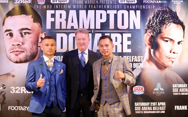 Carl Frampton and Nonito Donaire with promoter Frank Warren at yesterday\'s press conference at the Europa Hotel