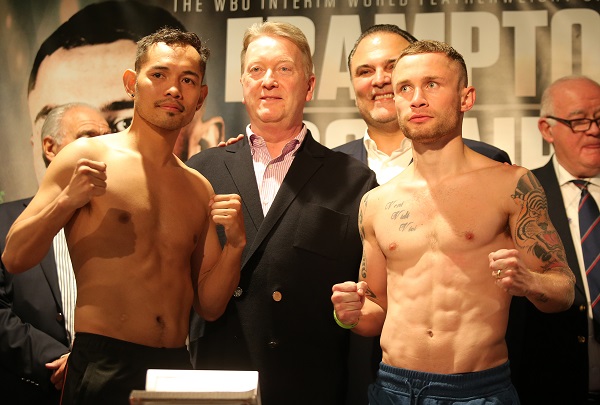 Carl Frampton and Nonito Donaire pose for the cameras as promoters, Frank Warren and Richard Schaefer look on at today\'s weigh-in at the Europa Hotel\nPicture by Jonathan Porter/PressEye