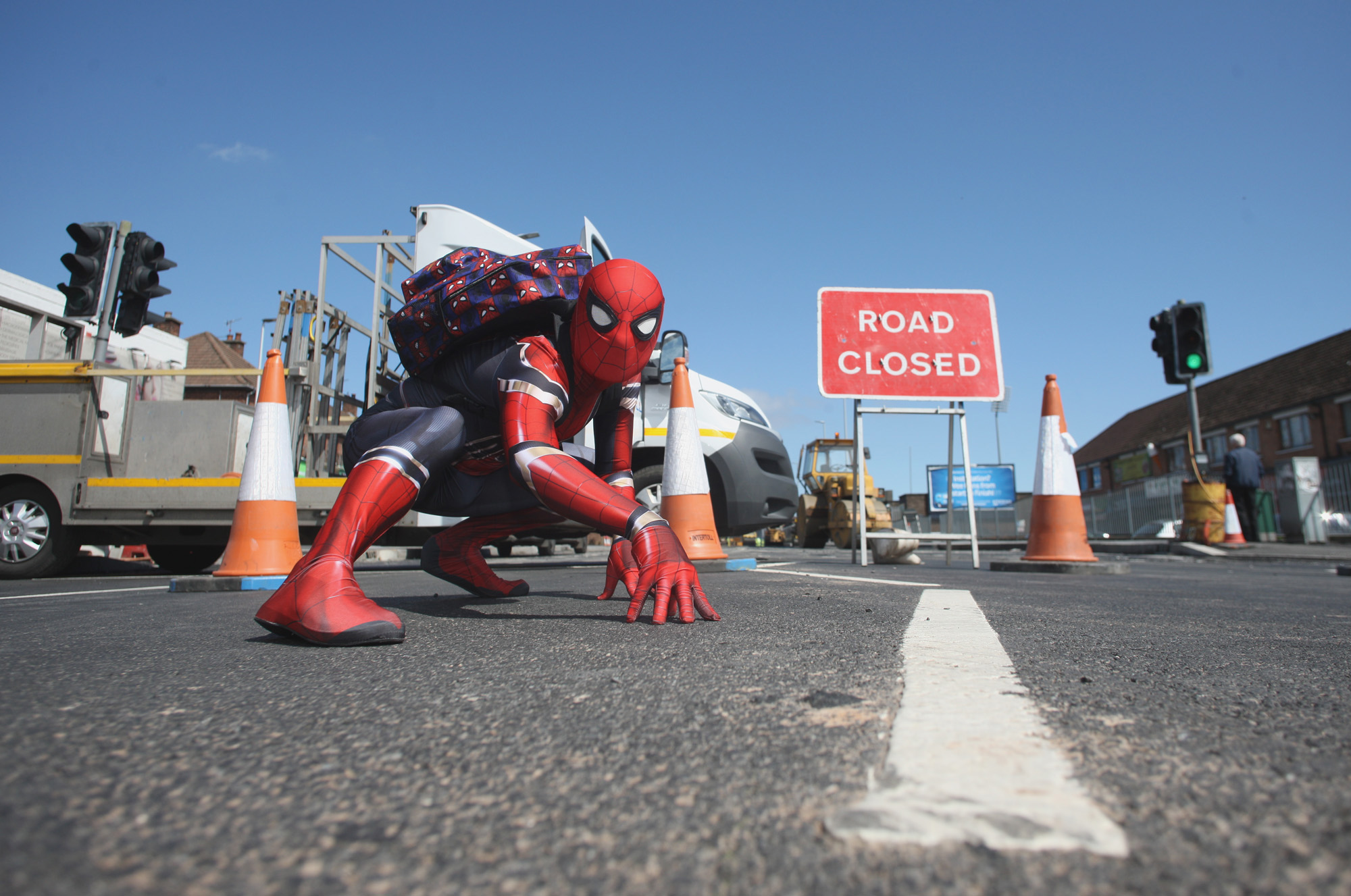 Even Spider-Man found it hard to negotiate the roadworks on the Andersonstown Road to get to the Biddy Duffy\'s fun day