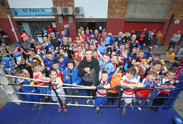 Commonwealth Games medallist Brendan Irvine with young boxers at St Paul\'s ABC also in attendance were kids and mentors from St Monica\'s Newry and Lisburn ABC