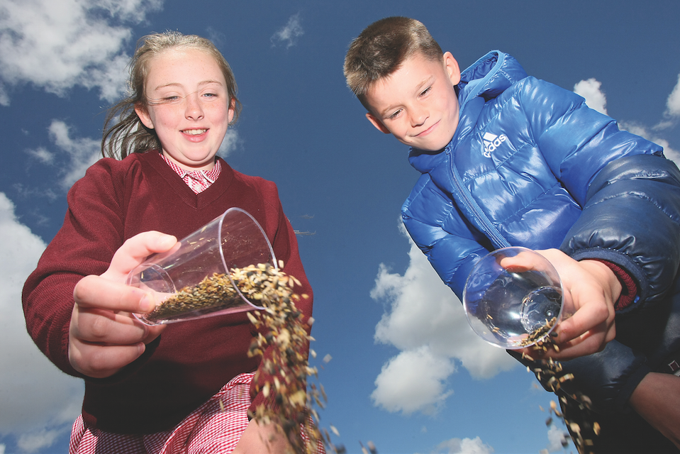 Holy Trinity Primary School pupils, Roise Kennedy and Barra Bellew get involved in the Wildlife Connections Project and plant wildflower seeds at the Whiterock playpark in conjunction with the Belfast Hills Partnership and the Upper Springfield Whiterock Integrated Partnership.