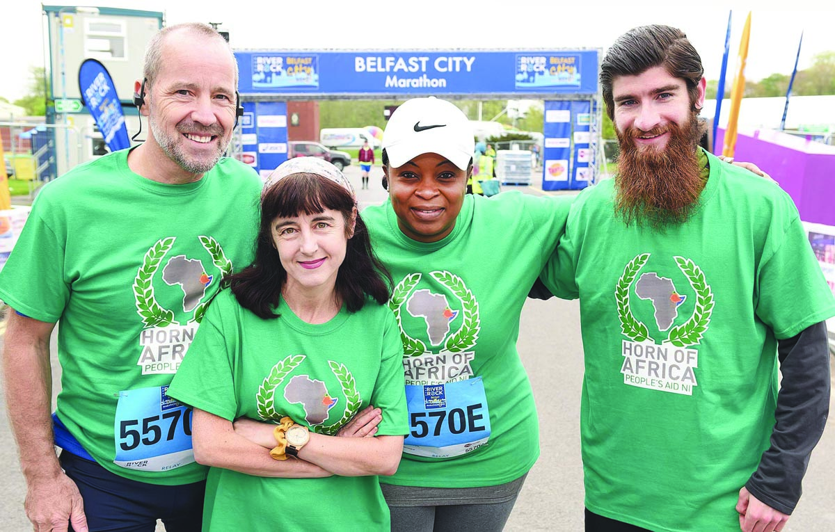 Horn of Africa People’s Aid NI (HAPANI) ran in this year’s Belfast Marathon and pictures are Dr Livingstone, Lise McGreevy, Steven Clarke, Roy Sittlington and Lori Gatsi-Barnett