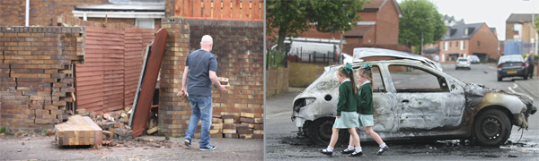 The garden wall demolished by the stolen car, which was later burned out nearby