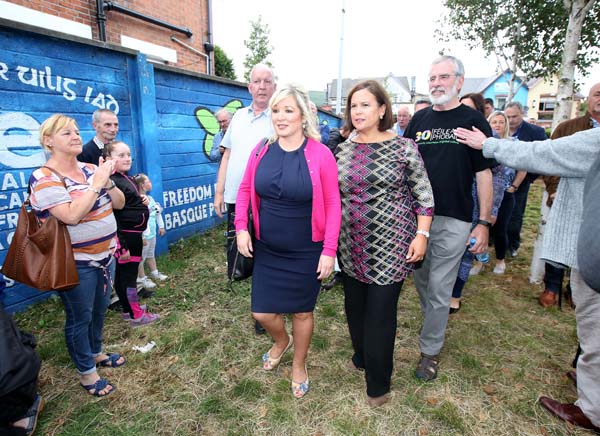Solidarity protest for Gerry Adams and Bobby Storey. pictured: Michelle O\'Neill and Mary Lou McDonald with Gerry Adams and Bobby Storey 