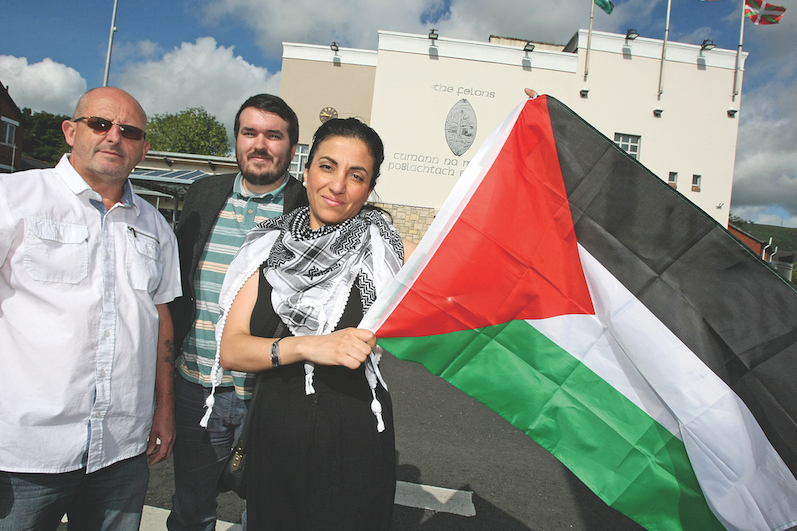 Tommy Rocks, secretary of the Felons, James Quigley of Belfats Action for Palestine and Ireland Palestine Solidarity Campaign along with Riham Abdulkarim, are raising funds for Children at the Felons next week