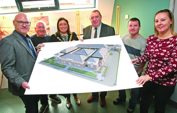FUTURE: Gerry McConville, Falls Community Council, centre, with Lord Mayor Deirdre Hargey, Paul Maskey MP, Fra McCann MLA, Cllr Ciarán Beattie and Cllr Claire Canavan with the St Comgall’s plan