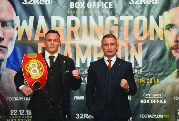 IBF featherweight champion, Josh Warrington and Carl Frampton pose for the cameras at the Clayton Hotel yesterday at a press conference ahead of their showdown at the Manchester Arena on December 22