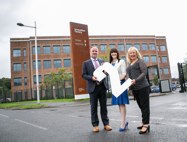 INNOVATE: Shane Smith (Community Engagement Officer),  Majella Barkley (Innovation Director) and Anna McDonnell (Centre Manager) celebrate the second birthday of the Innovation Factory, which has seen the creation of 200 new jobs since opening on the former Mackies site on the Springfield Road in October 2016 