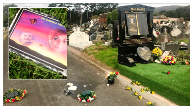 DISGRACE: Louise McIlwaine’s grave that was targeted by vandals; left, a slate plaque that was smashed