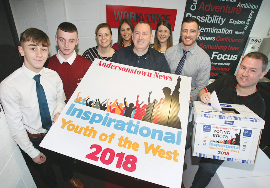 Chris Ward (Far right), Work Force Training Services, casts his vote for the Inspirational Youth of the West.  Pictured with Chris is Gerard Mulhern, Andersonstown News and workforce staff and trainees