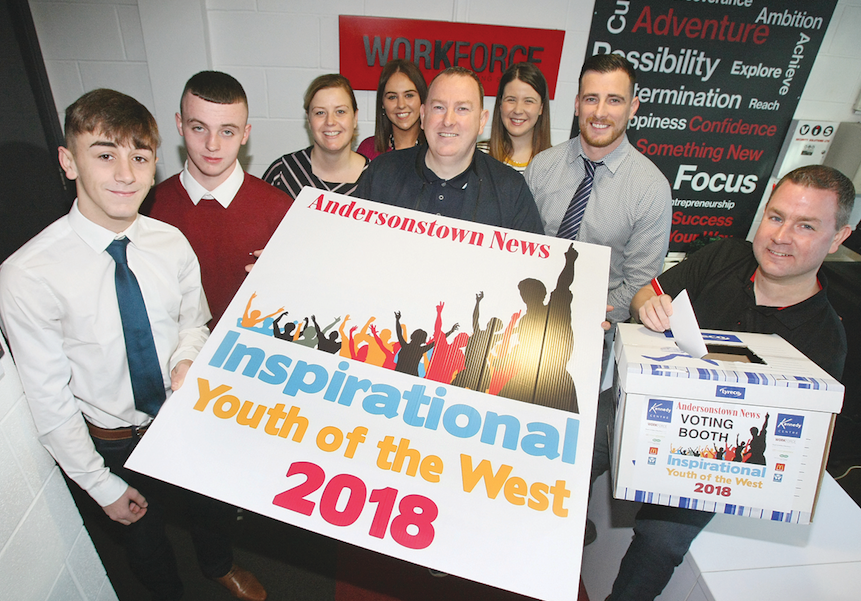 Chris Ward (Far right), Work Force Training Services, casts his vote for the Inspirational Youth of the West. Pictured with Chris is Gerard Mulhern, Andersonstown News and workforce staff and trainees