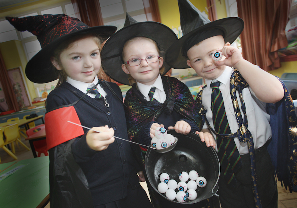 Primery one\'s Abbie, Michael and Lacey get into the spirt of halloween at Cliftonville Integrated Primary School